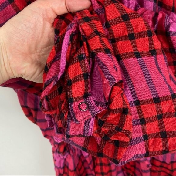 NWT Free People Pacific Dawn Plaid Shirt Drawstring Size Small Pink Red Bohemian - Picture 9 of 13